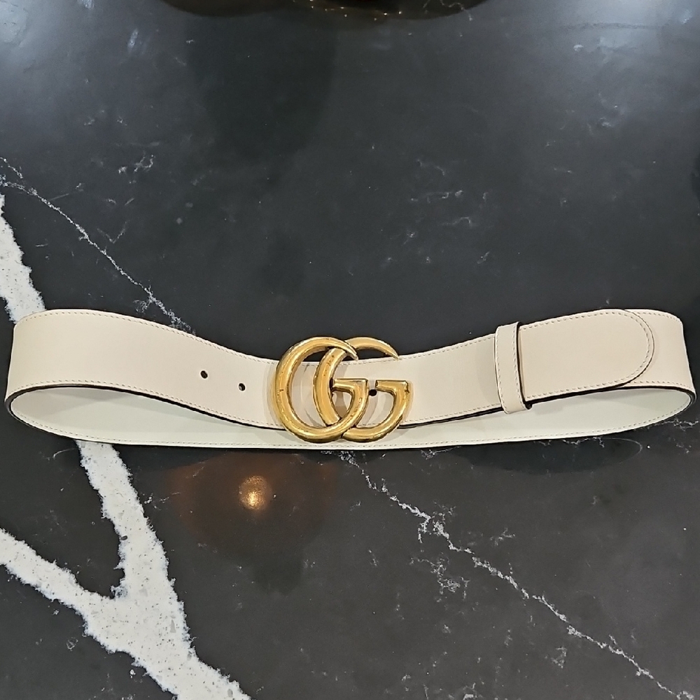 Gucci Cream Leather Belt with Gold Buckle